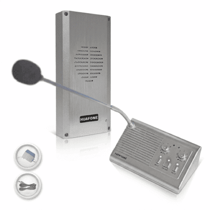 Silver Nuafone microphone system with a tall metallic box and a curved gooseneck microphone connected to a control unit featuring knobs and indicator lights.