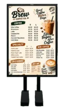 Cafe menu board for Brew Coffee Co with drink categories (Coffee, Specialry, Cold Drinks, Non-Coffee) and an iced coffee image on the right, including slogans like 'Good Coffee Better Days' and 'Life Begins After Coffee'.