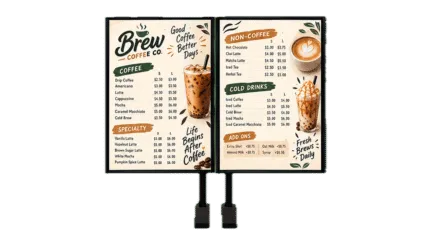 Pantalla de menú de cafetería de dos paneles sobre soportes que muestra café, bebidas especiales, bebidas no de café y bebidas frías con arte latte en el panel derecho.