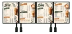 Four-panel coffee shop menu boards with Brew Coffee Co branding and drink prices, mounted on stands.