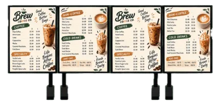 Four-panel coffee shop menu boards with Brew Coffee Co branding and drink prices, mounted on stands.