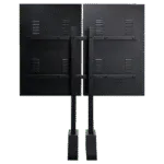 Back view of a dual-monitor stand holding two black screens side by side.