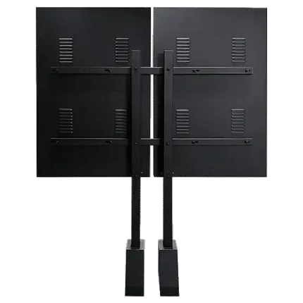 Back view of a dual-monitor stand holding two black screens side by side.