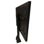 Rear view of a black flat-screen TV on a base stand, showing the back panel and mounting brackets/arms.