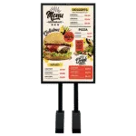 Freestanding restaurant menu board with a large burger image, dessert and pizza sections, and a promo circle reading 'Open 5 days a week' on a double-pole stand.