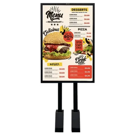 Freestanding restaurant menu board with a large burger image, dessert and pizza sections, and a promo circle reading 'Open 5 days a week' on a double-pole stand.