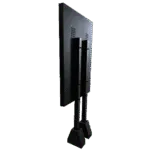 Rear view of a large flat-screen TV on a black dual-column pedestal stand with a square base.
