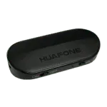 Black oval Avio Technologies wireless transmitter/receiver unit with on/off switch and status icons.
