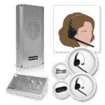 Avio Technologies 2-way intercom kit including a wall-mounted speaker post, base station console, two wireless headsets, a headset icon graphic, cabling, and a charging case.