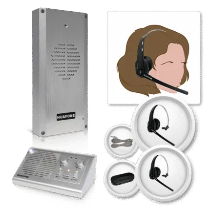 Avio Technologies 2-way intercom kit including a wall-mounted speaker post, base station console, two wireless headsets, a headset icon graphic, cabling, and a charging case.