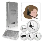 Avio Technologies 2-way intercom kit showing a brushed metal wall-mounted speaker post, a tabletop base station console, a wired headset, an audio cable, and headset icons.