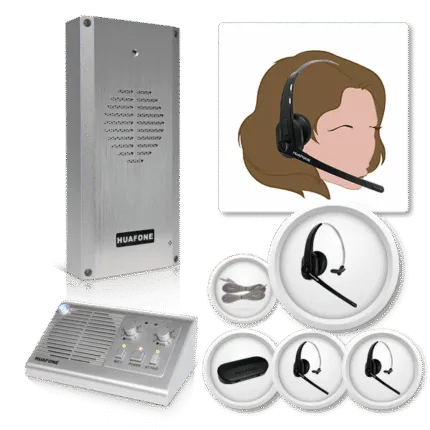 Avio Technologies 2-way intercom kit showing a brushed metal wall-mounted speaker post, a tabletop base station console, a wired headset, an audio cable, and headset icons.