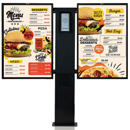 Avio Hybrid intercom post with a central speaker/camera unit flanked by two digital menu boards showing burger, pizza, and dessert options.