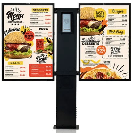 Avio Hybrid intercom post with a central speaker/camera unit flanked by two digital menu boards showing burger, pizza, and dessert options.