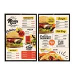 Two outdoor digital menu boards mounted side by side on wall-mount arms, each displaying a restaurant menu with burger, pizza, and dessert sections.