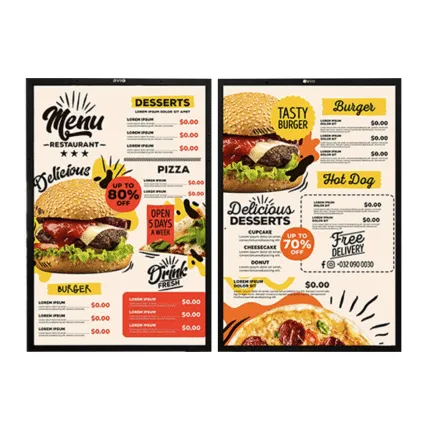 Two outdoor digital menu boards mounted side by side on wall-mount arms, each displaying a restaurant menu with burger, pizza, and dessert sections.