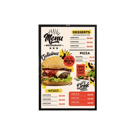 Single outdoor digital menu board on a wall-mount arm, displaying a restaurant menu with burger, pizza, and dessert sections and pricing.