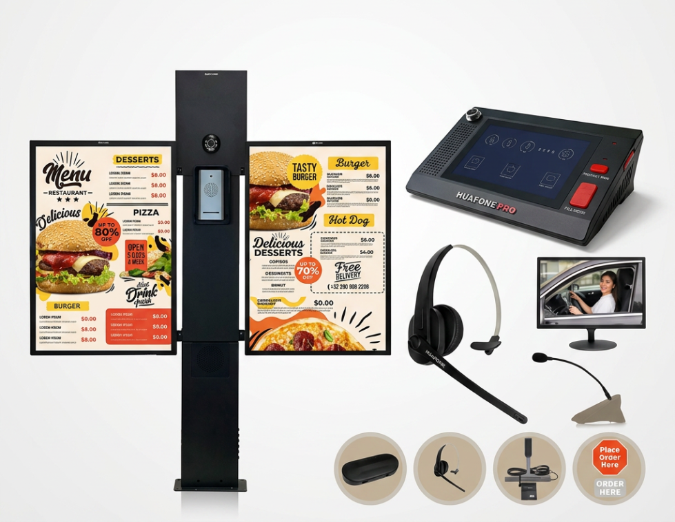 Avio Hybrid Kit product bundle showing a drive-thru intercom post with two digital menu boards, a Avio Technologies Pro touchscreen console, a wireless headset, a driver-facing monitor, a gooseneck mic, and accessory icons.