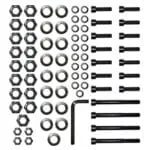 Assorted mounting hardware including hex bolts, nuts, washers, an Allen wrench, and screws of various sizes.