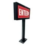 Isometric view of a black digital menu board sign reading "ENTER" with an arrow, mounted on a metal post with a bolted base plate.