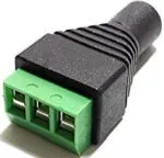Black female power connector with a green 3-pin screw terminal block.