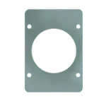 Gray metal installation template plate with a large center cutout and four corner mounting holes.