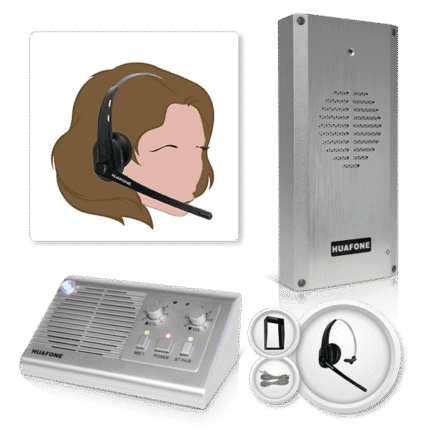 Avio Technologies Kit 2 single headset bundle including a headset icon graphic, a wall-mounted intercom speaker post, a master station console, mounting hardware, cabling, and a wireless headset.