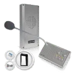 Avio Technologies intercom Kit 1 including a wall-mounted speaker post, master station console with gooseneck mic, mounting bracket, cabling, and a power adapter.