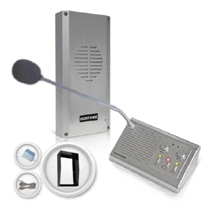 Avio Technologies intercom Kit 1 including a wall-mounted speaker post, master station console with gooseneck mic, mounting bracket, cabling, and a power adapter.