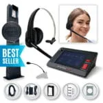 Avio Technologies Pro drive-thru kit including a wall-mounted intercom post, base station console, a wireless headset, a headset-wearing woman, cabling, and a "BEST SELLER" badge.