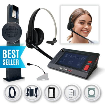 Avio Technologies Pro drive-thru kit including a wall-mounted intercom post, base station console, a wireless headset, a headset-wearing woman, cabling, and a "BEST SELLER" badge.