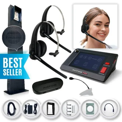 Avio Technologies Pro drive-thru kit including a wall-mounted intercom post, base station console, two wireless headsets, a headset-wearing woman, cabling, and a "BEST SELLER" badge.