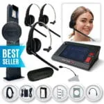 Avio Technologies Pro drive-thru kit including a wall-mounted intercom post, base station console, three wireless headsets, a headset-wearing woman, cabling, and a "BEST SELLER" badge.