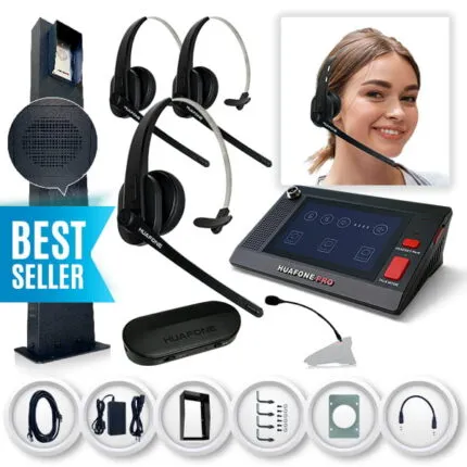 Avio Technologies Pro drive-thru kit including a wall-mounted intercom post, base station console, three wireless headsets, a headset-wearing woman, cabling, and a "BEST SELLER" badge.