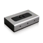Silver Avio Technologies lane selector box, angled view, with two knobs and three labeled audio jacks.