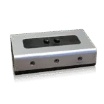 Silver lane selector box, angled view, showing two control knobs and labeled audio jacks.