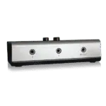 Silver lane selector box, front view, with two labeled audio jacks and an IN/OUT jack.