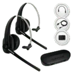 Two black Avio Technologies wireless over-ear headsets with boom microphones next to icons of an audio cable, USB charging cable, and dual-jack adapter, alongside a black charging base — Avio Technologies 2-headset listen-in kit.