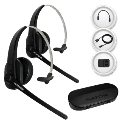 Two black Avio Technologies wireless over-ear headsets with boom microphones next to icons of an audio cable, USB charging cable, and dual-jack adapter, alongside a black charging base — Avio Technologies 2-headset listen-in kit.