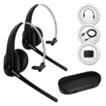 Two black Avio Technologies wireless over-ear headsets with boom microphones, icons of an audio cable, USB cable, and dual-jack adapter, and an oval black charging case — Avio Technologies 2-headset listen-in kit.