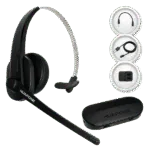Avio Technologies wireless headset with boom microphone next to icons of an audio cable, USB cable, and dual-jack adapter, plus an oval black charging case.