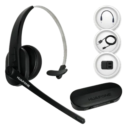 Avio Technologies wireless headset with boom microphone next to icons of an audio cable, USB cable, and dual-jack adapter, plus an oval black charging case.