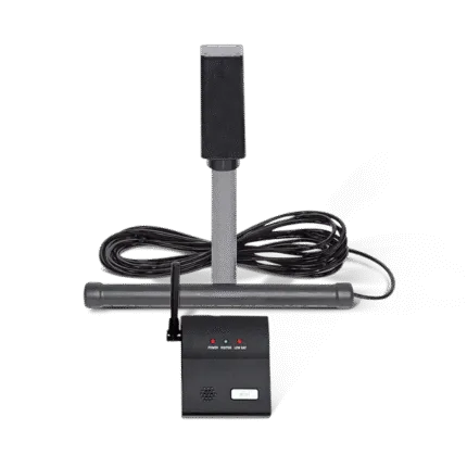 Vehicle detector system with a tall post-mounted sensor, a horizontal ground loop bar with coiled cable, and a black control box with power, visitor, and low battery indicator lights.