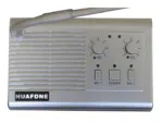 Silver Avio Technologies master station intercom with a gooseneck microphone, two volume dials, and MIC1/Power/MIC2 buttons.