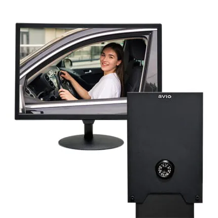 Drive-thru order station monitor showing a live feed of a woman driving, next to a black Avio-branded camera and intercom unit.