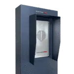Angled outdoor speaker/intercom enclosure with a perforated metal speaker grille and Avio Technologies Pro branding.