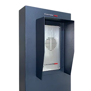 Angled outdoor speaker/intercom enclosure with a perforated metal speaker grille and Avio Technologies Pro branding.