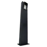 Tall black outdoor speaker post with a built-in intercom/speaker unit near the top and a round speaker grille below.