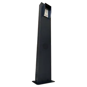 Tall black outdoor speaker post with a built-in intercom/speaker unit near the top and a round speaker grille below.
