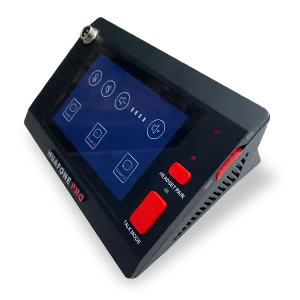 Angled view of a black Avio Technologies Pro touchscreen intercom base station with a control display and red buttons.